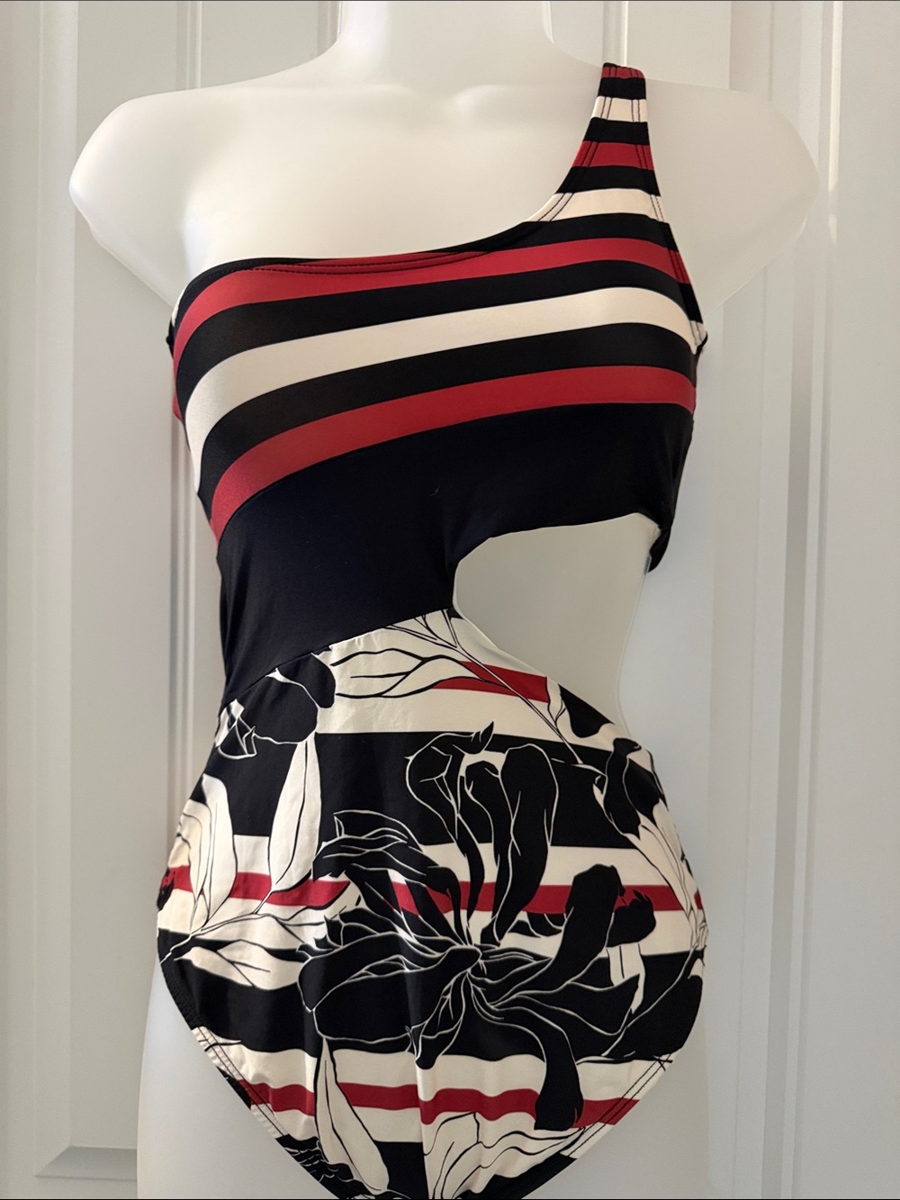 Asymmetrical One-Shoulder Cutout Swimsuit in Black, White & Red